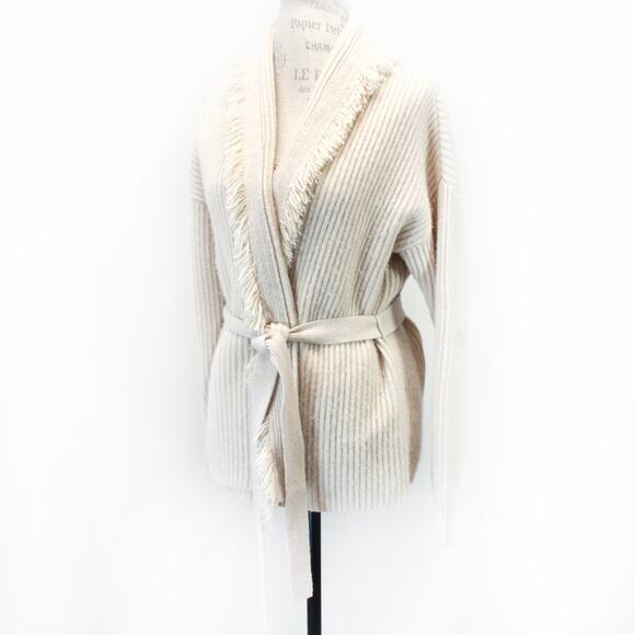 Intermix Beige Wool Knit Sweater Cardigan Cozy Tie Waist Fringe Petite Medium - Picture 1 of 8